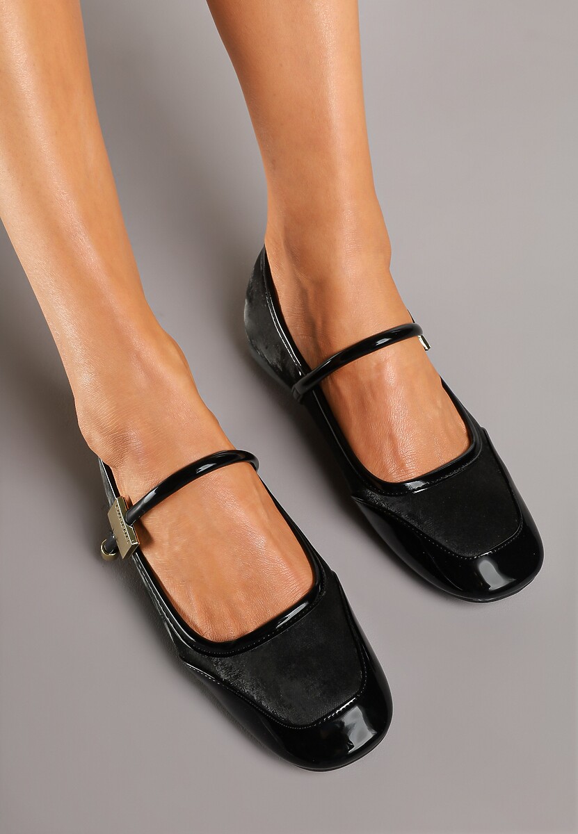 Czarne Balerinki ze Wstawkami ze Skóry Naturalnej o Lakierowanym Połysku ze Sprzączką Alvitta