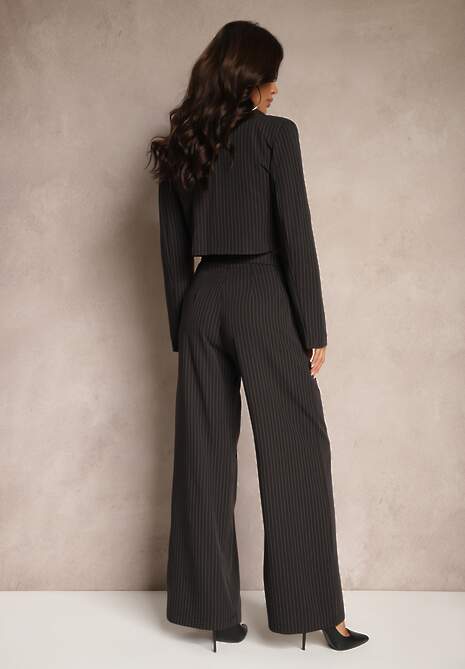 Czarny Komplet Garniturowy Marynarka Cropped i Szerokie Spodnie Mairilee