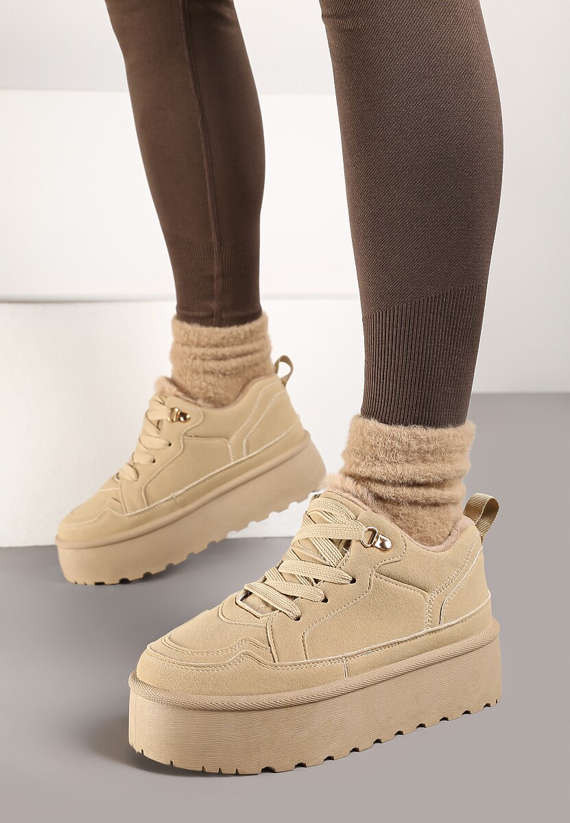 Ciemnobeżowe Sneakersy Stylizowane na Śniegowce Ozdobione Futerkiem Maviena