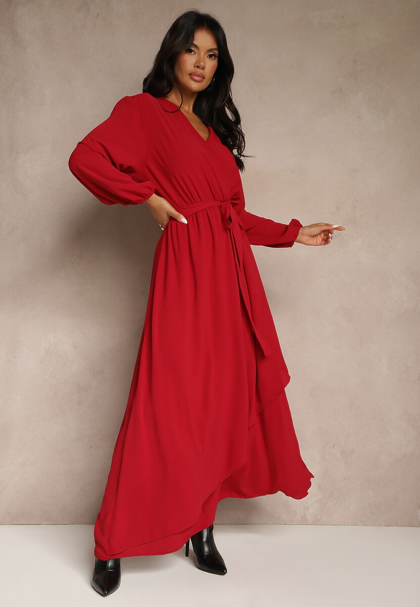 Czerwona Asymetryczna Koktajlowa Sukienka z Wiskozą Kopertowym Dekoltem i Paskiem Laniea