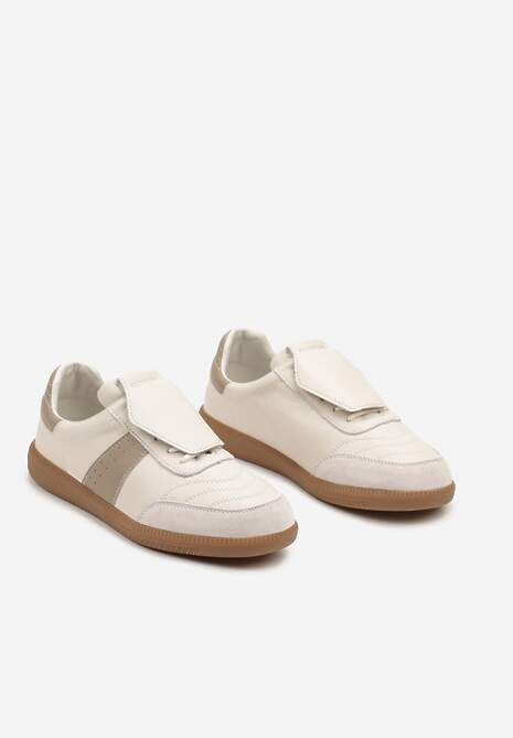 Beżowe Sneakersy na Płaskiej Podeszwie ze Skóry Wykończone Zamszową Wstawką Milirae