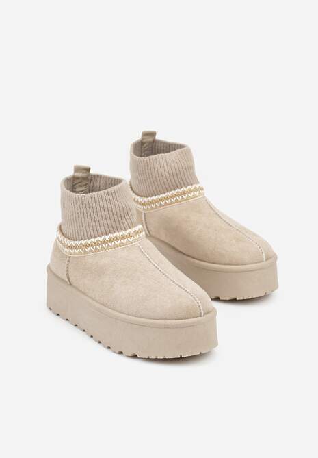 Beżowe Śniegowce VICES na Platformie ze Skarpetkową Cholewką i Haftem Ebentia