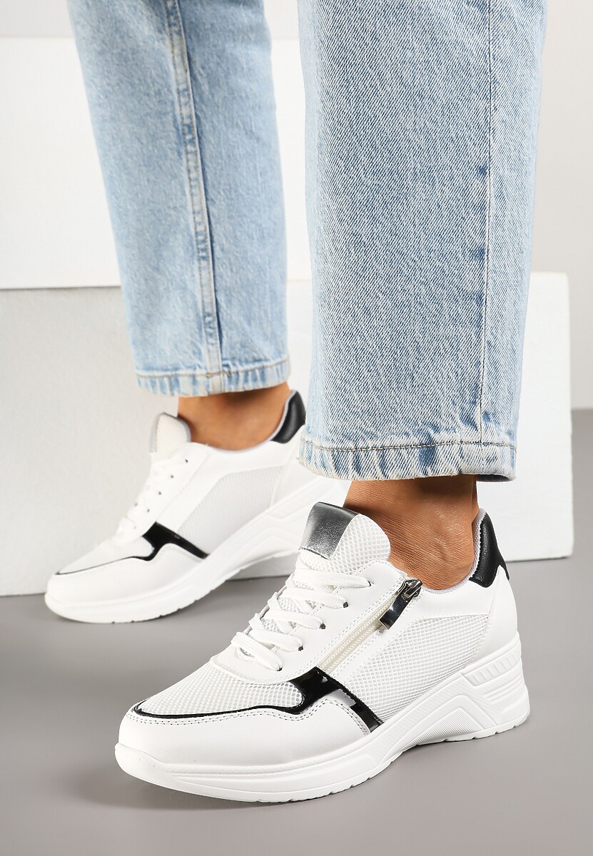 Białe Sneakersy na Koturnie z Wkładką ze Skóry Naturalnej Ozdobione Suwakiem Arivios