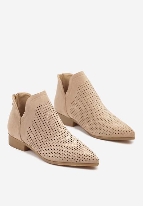 Beżowe Płaskie Botki Vices z Ażurową Cholewką Ozdobione Wycięciem Selanis