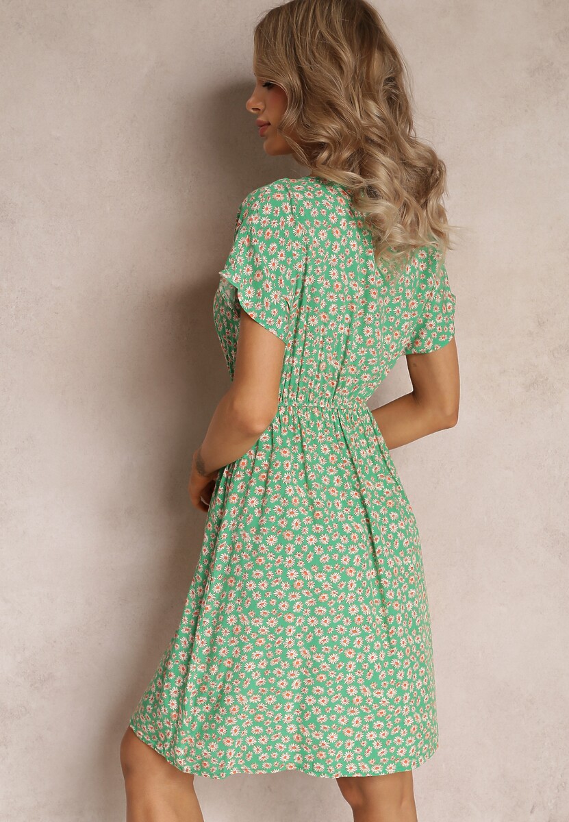Zielona Rozkloszowana Sukienka Mini w Kwiaty z Gumką w Pasie z Wiskozy Elineano