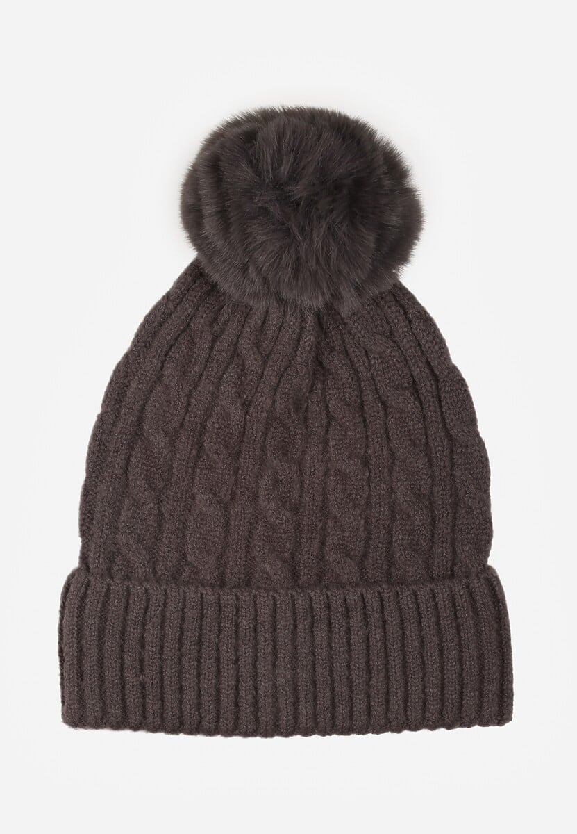 Szara Czapka z Pomponem Zdobiona Warkoczowym Splotem Vetizare