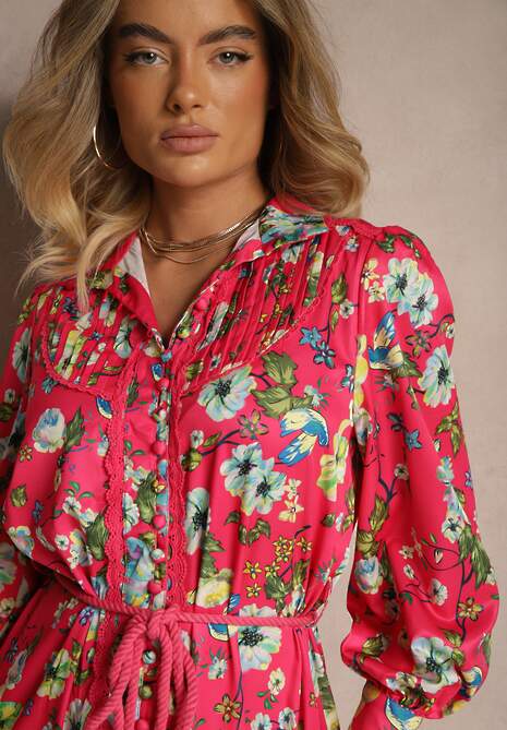 Fuksjowa Rozkloszowana Sukienka z Koronkowymi Wstawkami i Sznurkiem Payten