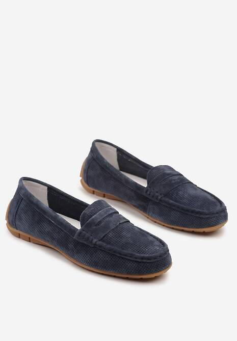 Granatowe Mokasyny ze Skóry Naturalnej Zdobione Perforacją Revaya