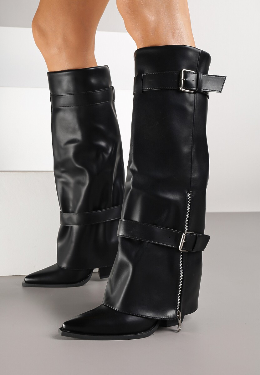 Czarne Kozaki na Stożku z Cholewką Imitującą Nogawkę z Klamrami i Suwakiem Erseria