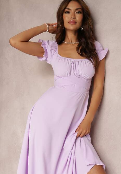 Fioletowa Sukienka o Rozkloszowanym Kroju z Wiązaniem Perolis