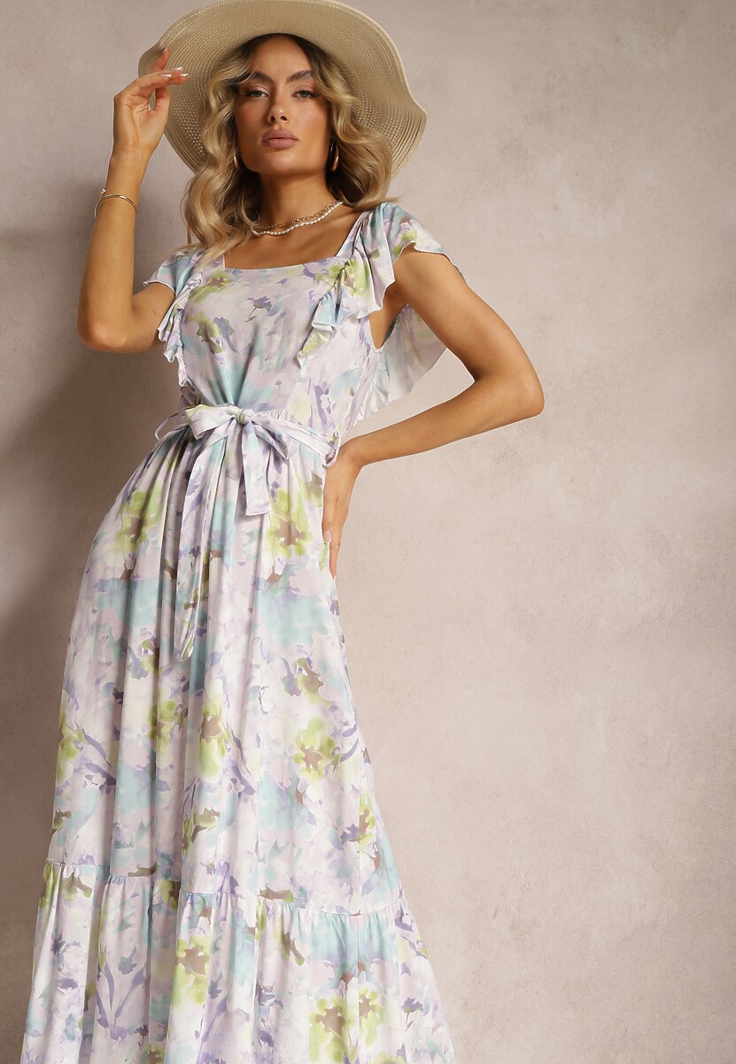 Jasnofioletowa Kwiecista Sukienka z Wiskozy z Falbanką na Ramiączkach z Materiałowym Paskiem Nuclemia