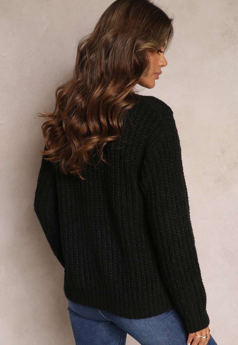 Czarny Sweter z Długim Rękawem i Ozdobnym Splotem Porafio