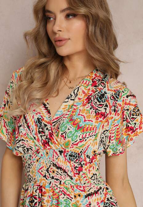 Beżowa Wiskozowa Sukienka z Gumką w Pasie Ozdobiona Abstrakcyjnym Printem Kemira