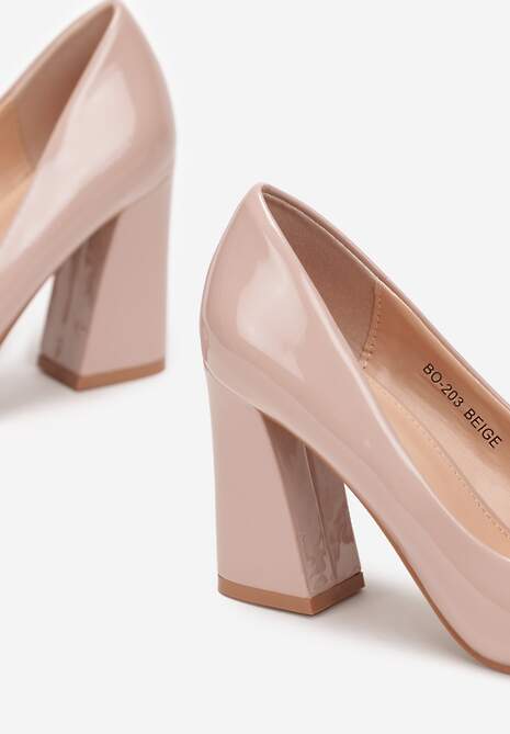Beżowe Lakierowane Czółenka na Stożkowym Obcasie ze Szpiczastym Noskiem Miriamans