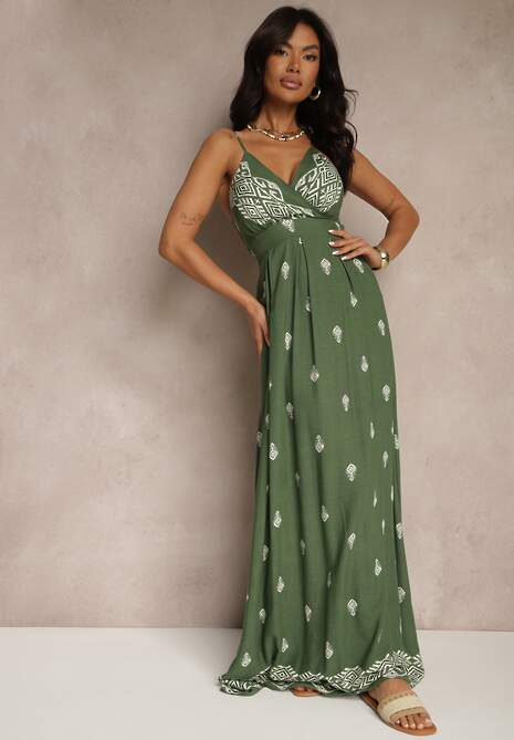 Zielona Kopertowa Sukienka na Ramiączkach z Bawełny z Wiązanym Paskiem Reveesia