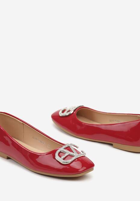 Czerwone Balerinki Lakierowane na Płaskiej Podeszwie z Aplikacją z Cyrkonii Mariselina