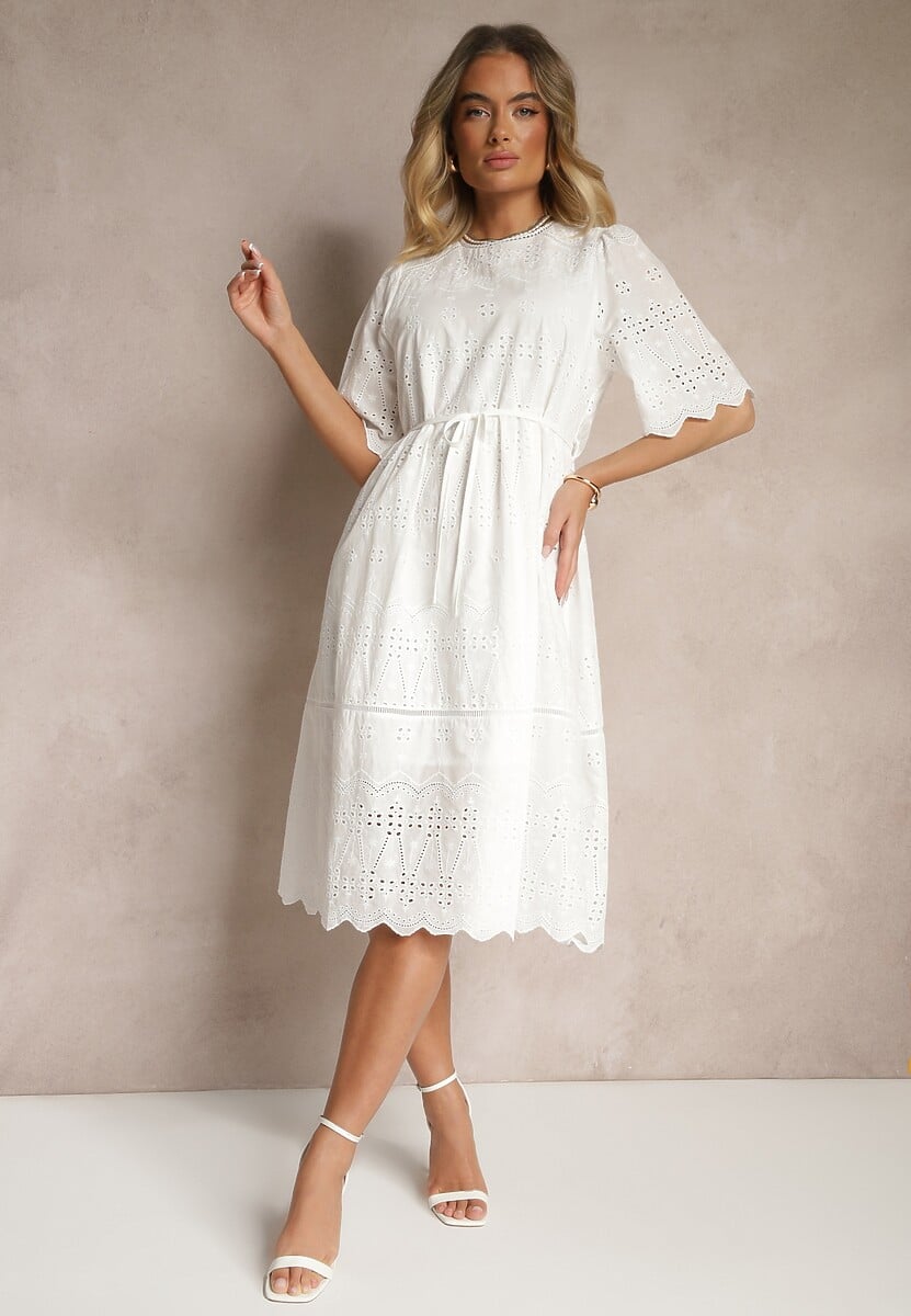 Biała Sukienka Ażurowa z Bawełny z Paskiem Nilozi
