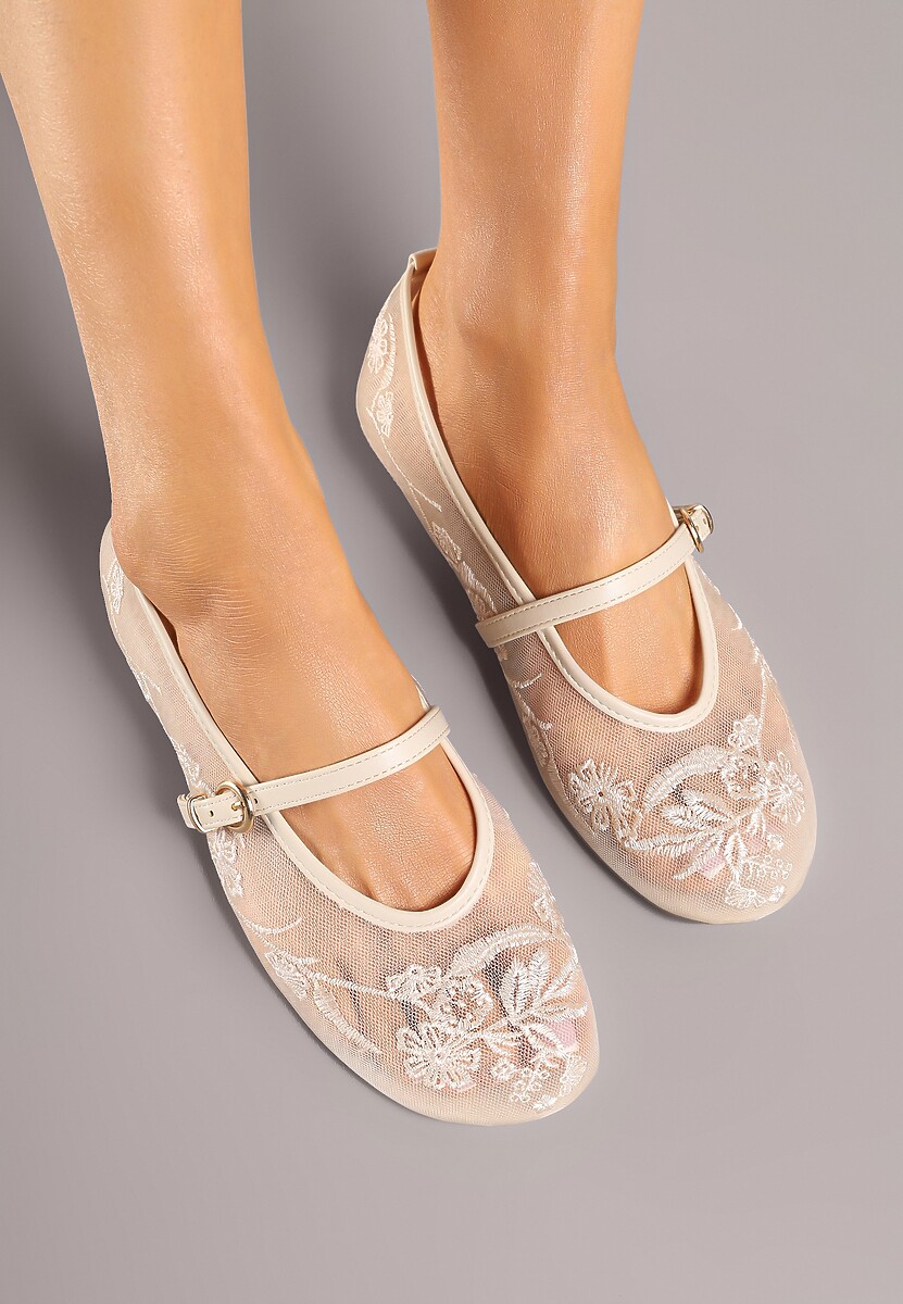 Beżowe Koronkowe Balerinki w Stylu Mary Jane z Haftowanej Siateczki Tilaverra
