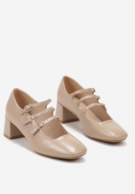 Beżowe Czółenka na Słupku Ozdobione Paskami Zapinanymi na Sprzączki Santinsa