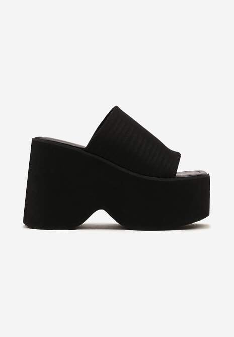 Czarne Klapki na Wysokiej Platformie z Koturnem Glimris