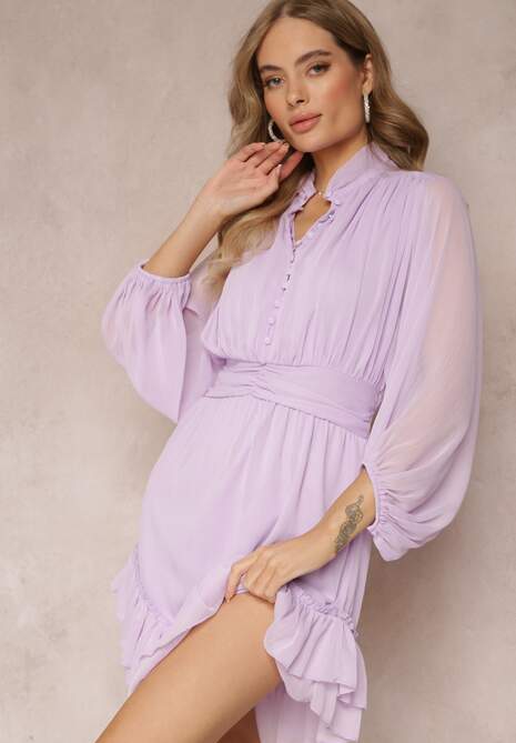 Fioletowa Sukienka Mini z Ozdobnymi Guzikami i Rękawem 3/4 Parissa