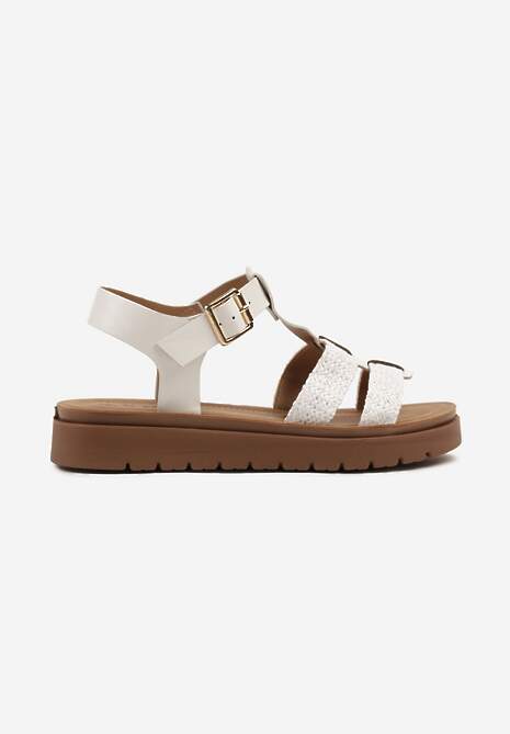 Białe Sandały na Niskiej Platformie Ozdobione Plecionką i Sprzączką Galauri