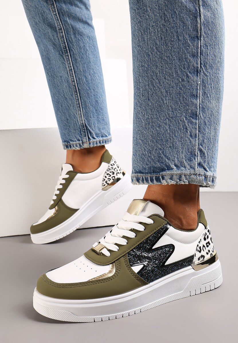 Biało-Zielone Płaskie Sneakersy z Metalową i Brokatową Wstawką Nebritta