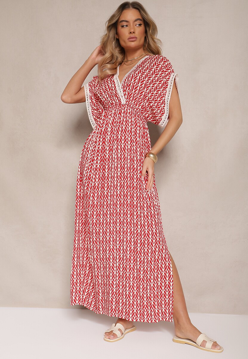 Czerwona Sukienka Rozkloszowana z Bawełny Wykończona Koronką Lanadria