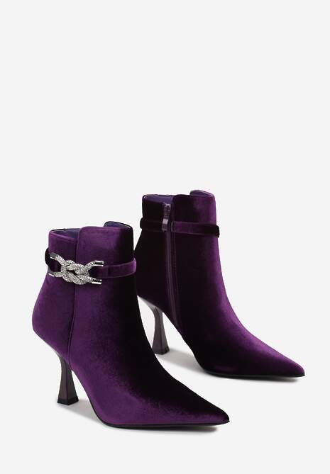 Fioletowe Botki z Welurowego Materiału na Geometrycznej Szpilce z Ozdobą z Cyrkoniami Christe