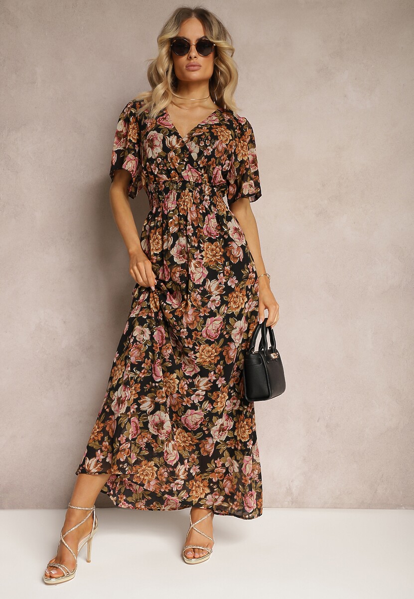 Biało-Niebieska Sukienka z Kopertowym Dekoltem z Gumką w Talii i Metaliczną Nicią Sollas