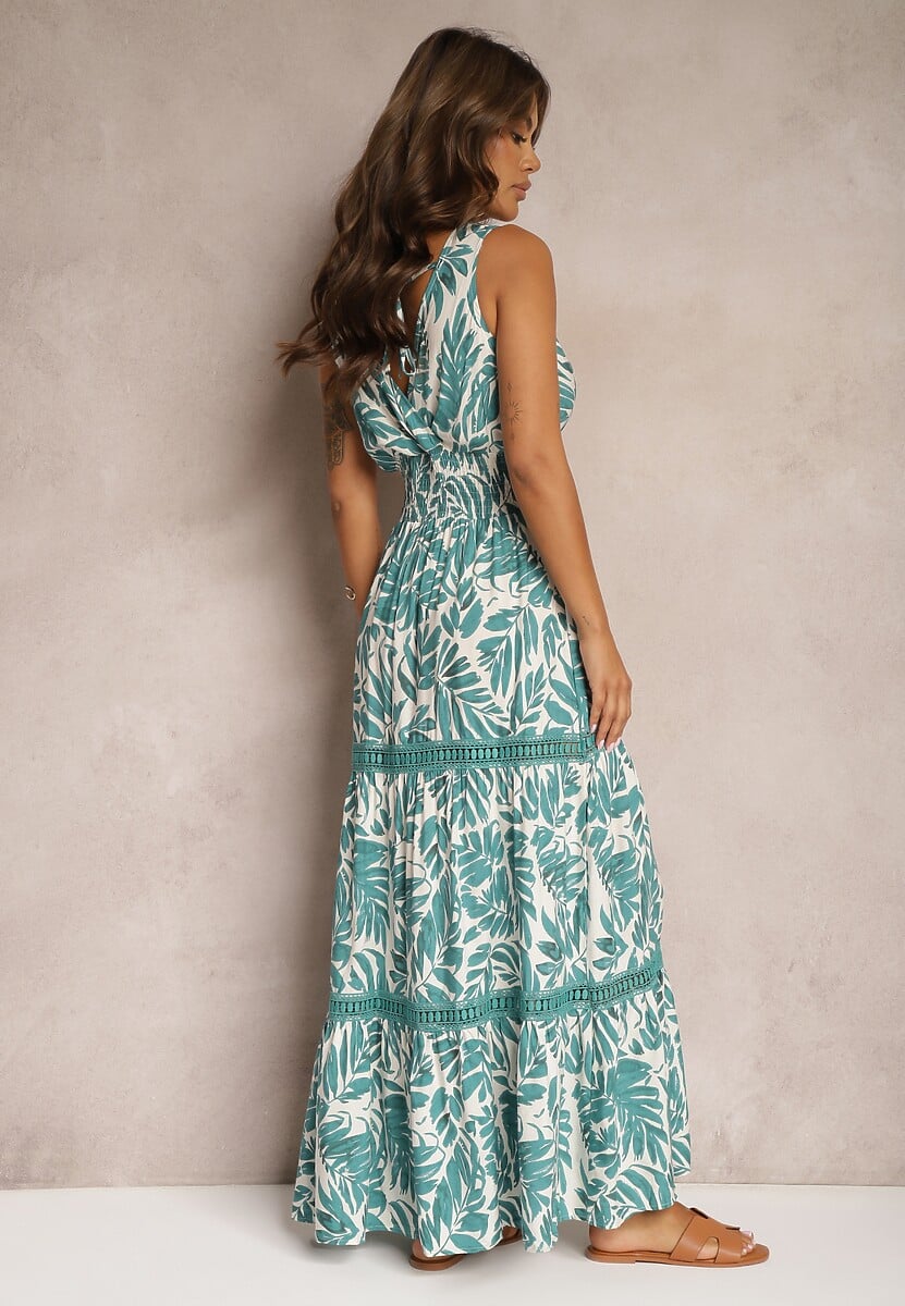 Zielona Sukienka a Kwiatowa Sukienka Zdobiona Wiązaniem z Tyłu i Gumką w Pasie Rivattia