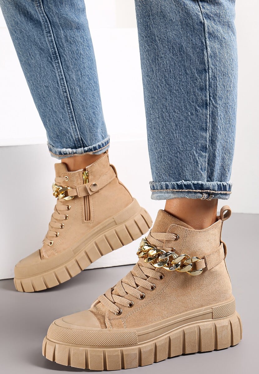 Brązowe Botki Sznurowane na Platformie z Łańcuchem Petrenie
