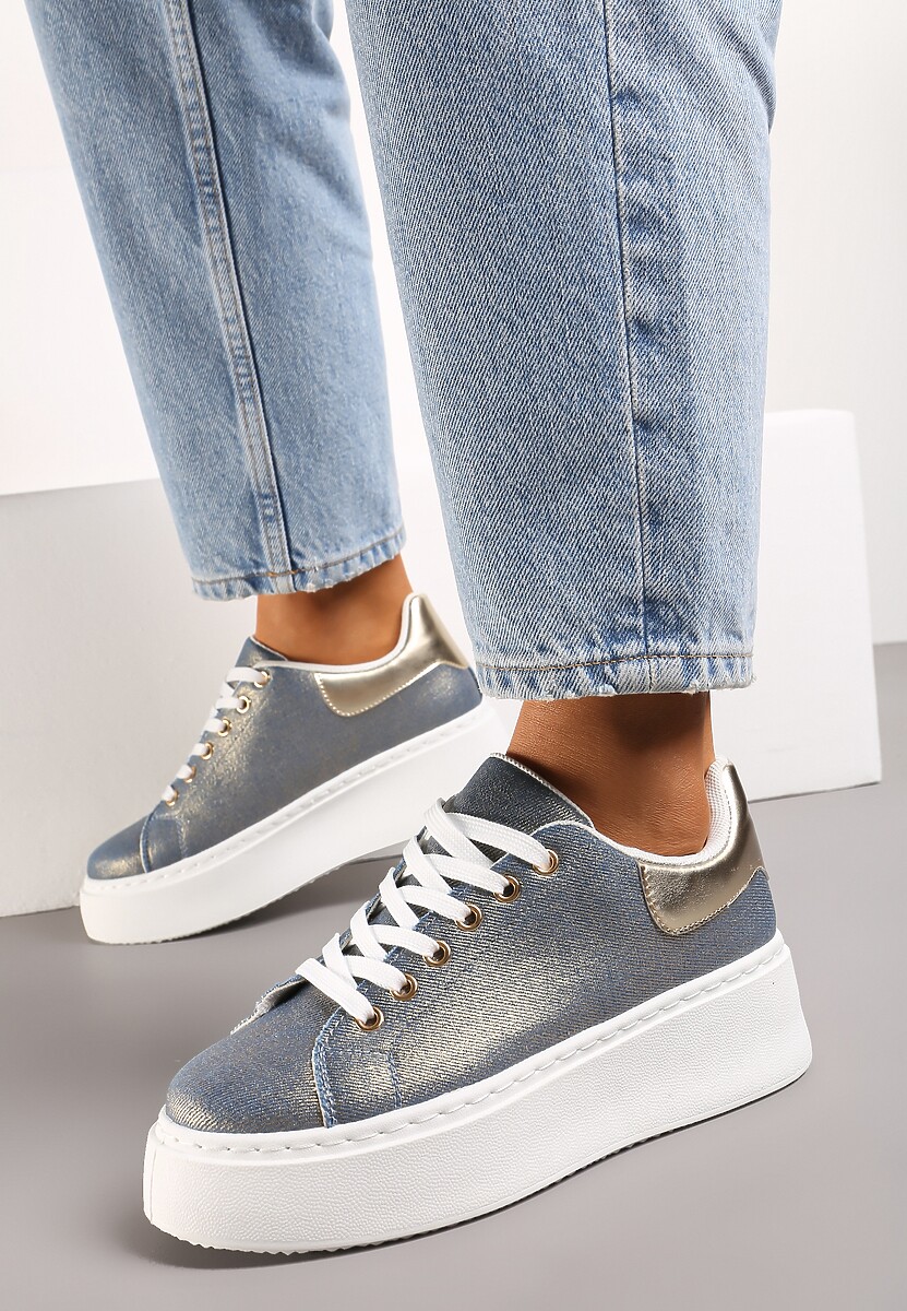 Niebiesko-Złote Sneakersy na Grubej Podeszwie przed Kostkę z Metaliczną Wstawką Morabell