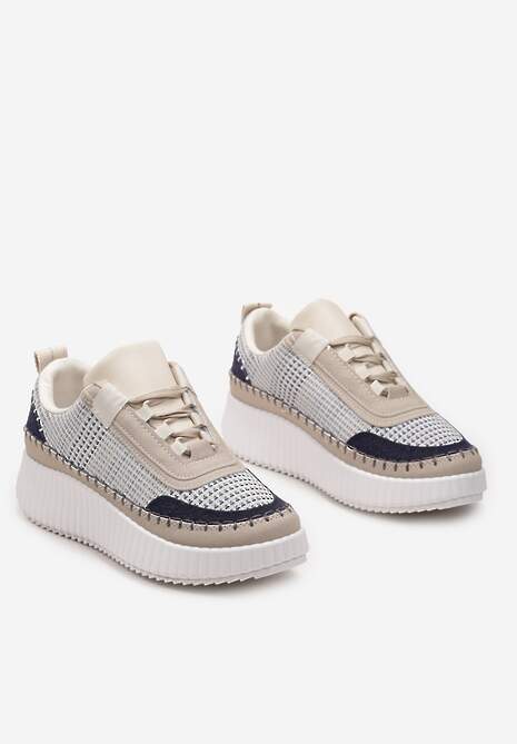 Beżowo-Niebieskie Sneakersy na Platformie Ozdobione Tweedowymi Wstawkami i Cyrkoniami Eganna