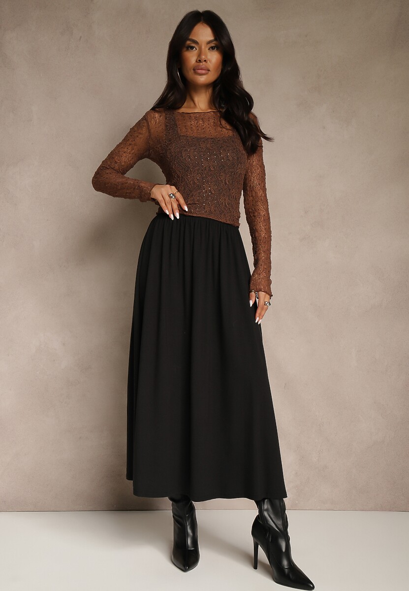 Brązowa Rozkloszowana Spódnica z Bawełny Tussala