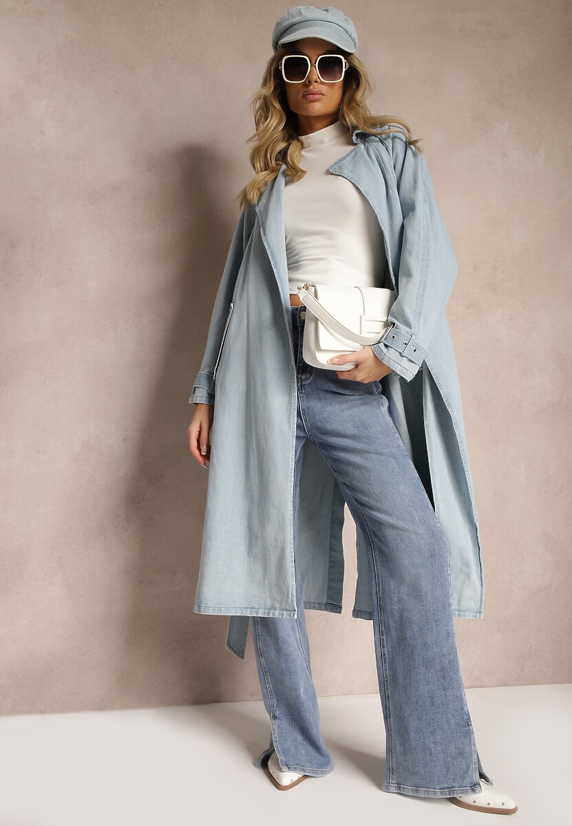 Niebieski Płaszcz z Jeansu z Przetarciami i Paskiem ze Sprzączką Umiorrea