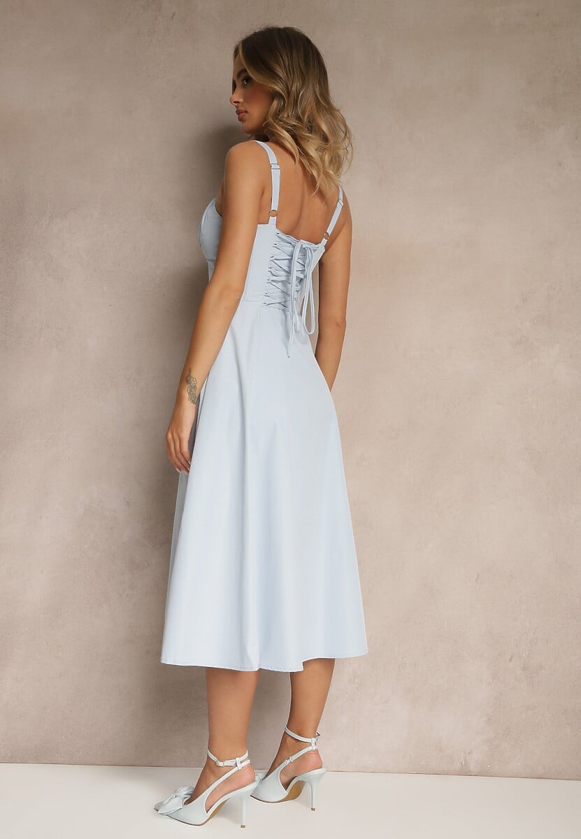 Niebieska Koktajlowa Sukienka Gorsetowa Vices z Rozkloszowanym Dołem Kolinnea