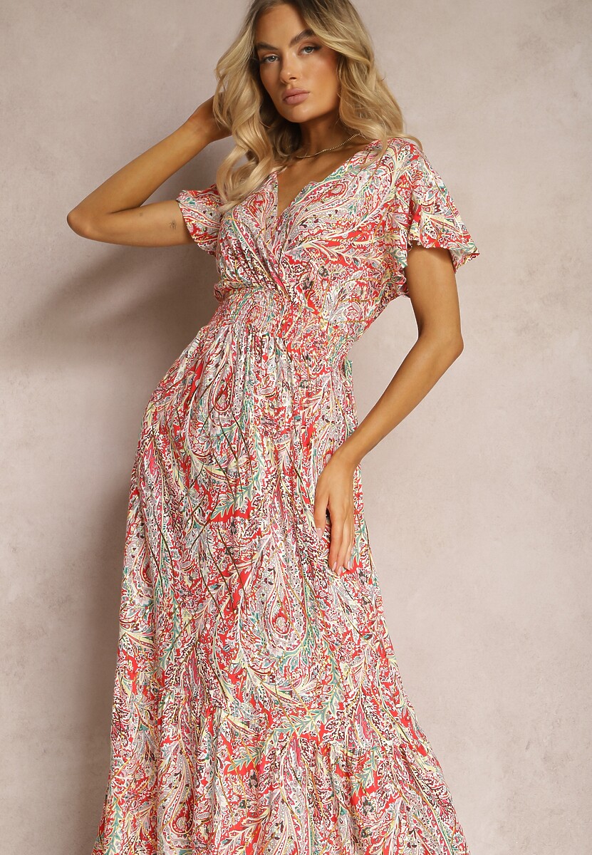 Czerwona Sukienka Boho z Metaliczną Nicią Kopertowym Dekoltem i Gumką w Talii Dilaria