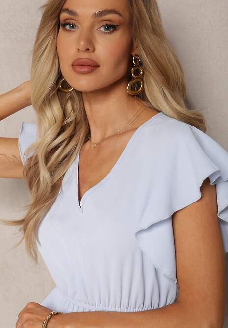 Jasnoniebieska Rozkloszowana Sukienka z Plisami Maxi z Falbankami przy Ramionach Nethula