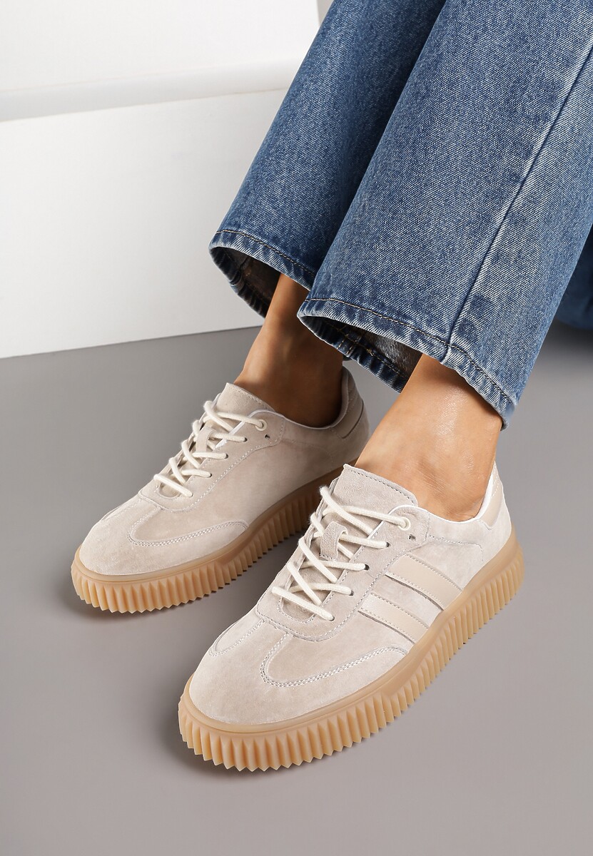 Beżowe Zamszowe Sneakersy Tenisówki z Wkładką ze Skóry Naturalnej Ozdobione Tłoczeniem Meluella