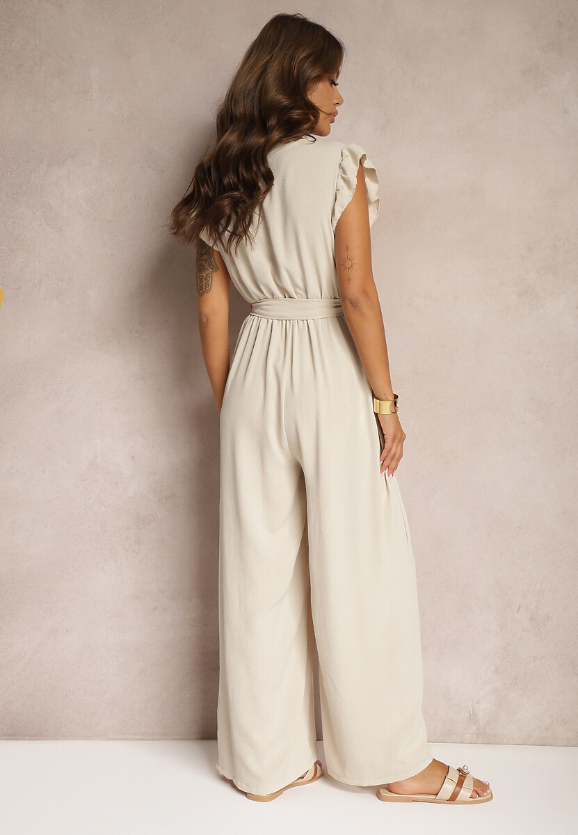 Beżowy Koktajlowy Kombinezon Wiązany Paskiem Wykończony Falbankami przy Ramionach Vimaseni