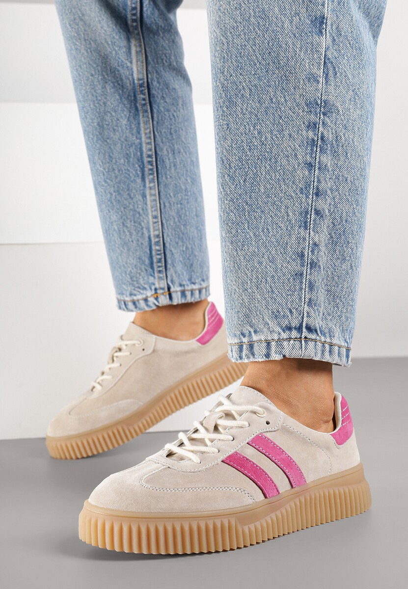 Beżowo-Fuksjowe Zamszowe Sneakersy w Stylu Kultowych Tenisówek ze Skórzaną Wkładką Tenannia