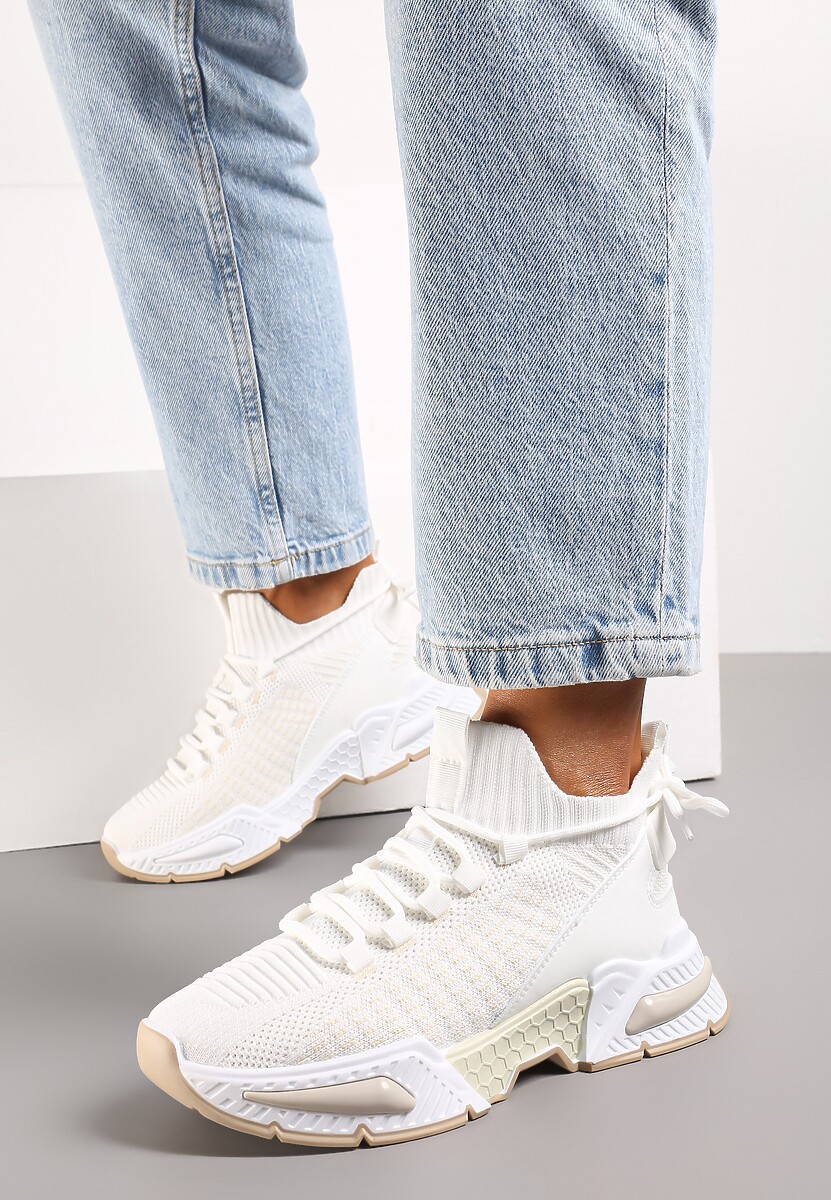 Białe Sneakersy Sportowe na Grubej Podeszwie ze Skarpetkową Cholewką Xille