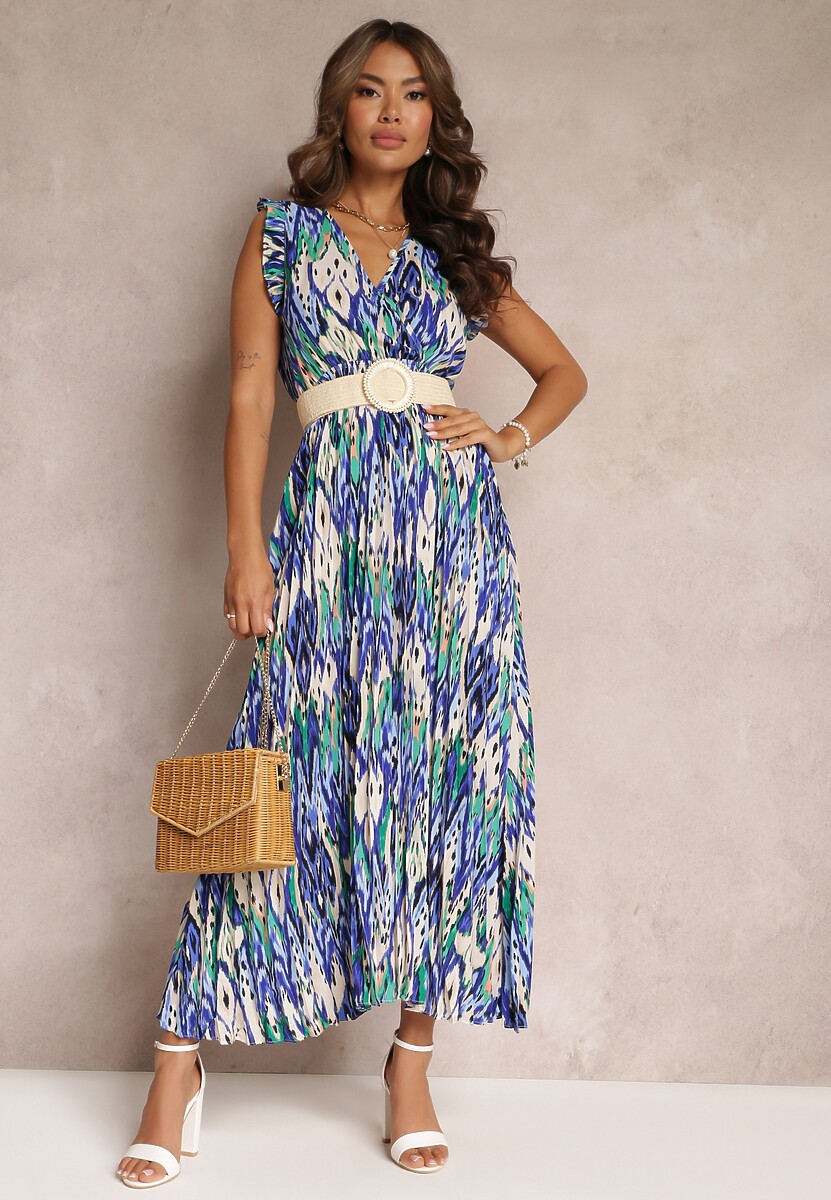 Granatowa Plisowana Sukienka Maxi z Kopertowym Dekoltem i Gumką w Pasie Axerisa