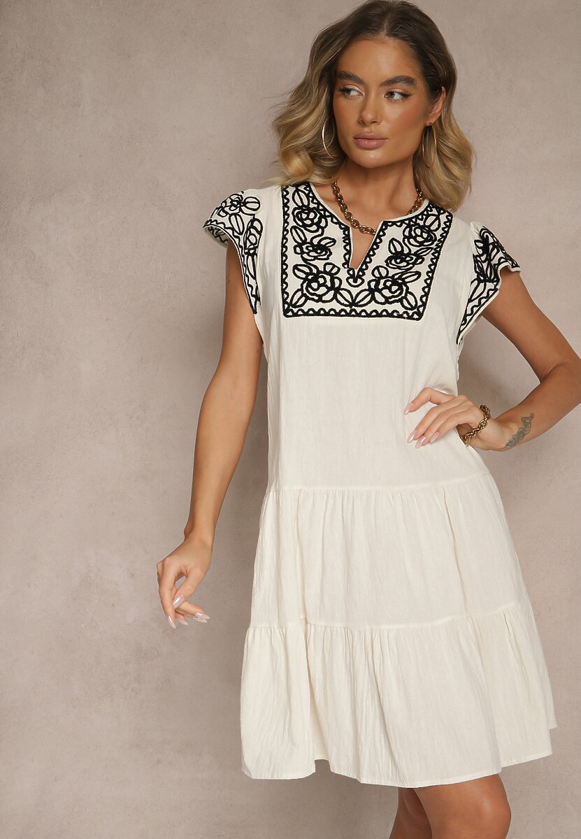 Zielona Bawełniana Sukienka Boho Ozdobiona Haftami Eviriella