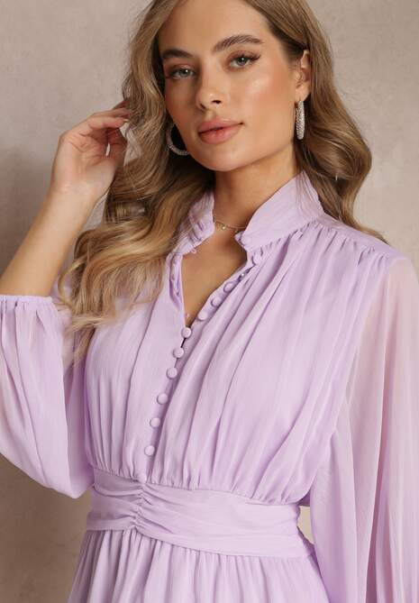 Fioletowa Sukienka Mini z Ozdobnymi Guzikami i Rękawem 3/4 Parissa