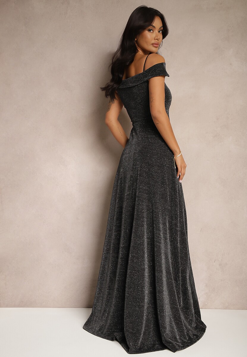 Czarna Koktajlowa Sukienka o Rozkloszowanym Kroju z Metaliczną Nicią Emilinea