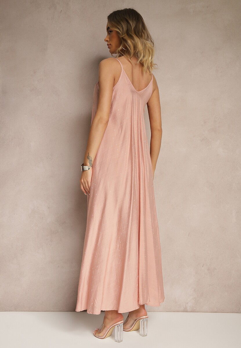 Różowa Wiskozowa Sukienka o Rozkloszowanym Kroju Ozdobiona Cyrkoniami Tosnaria