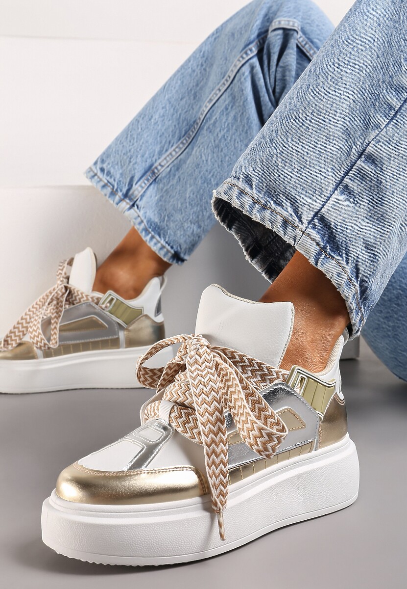 Biało-Złote Sneakersy Na Niskiej Platformie z Szerokimi Sznurówkami we Wzorek Vidira