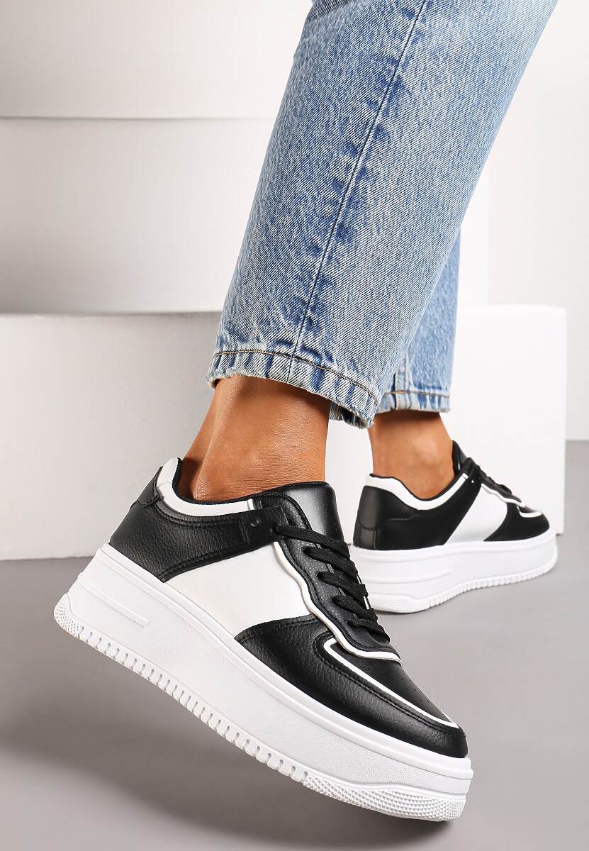 Czarno-Białe Sneakersy na Platformie z Delikatną Perforacją Dairala